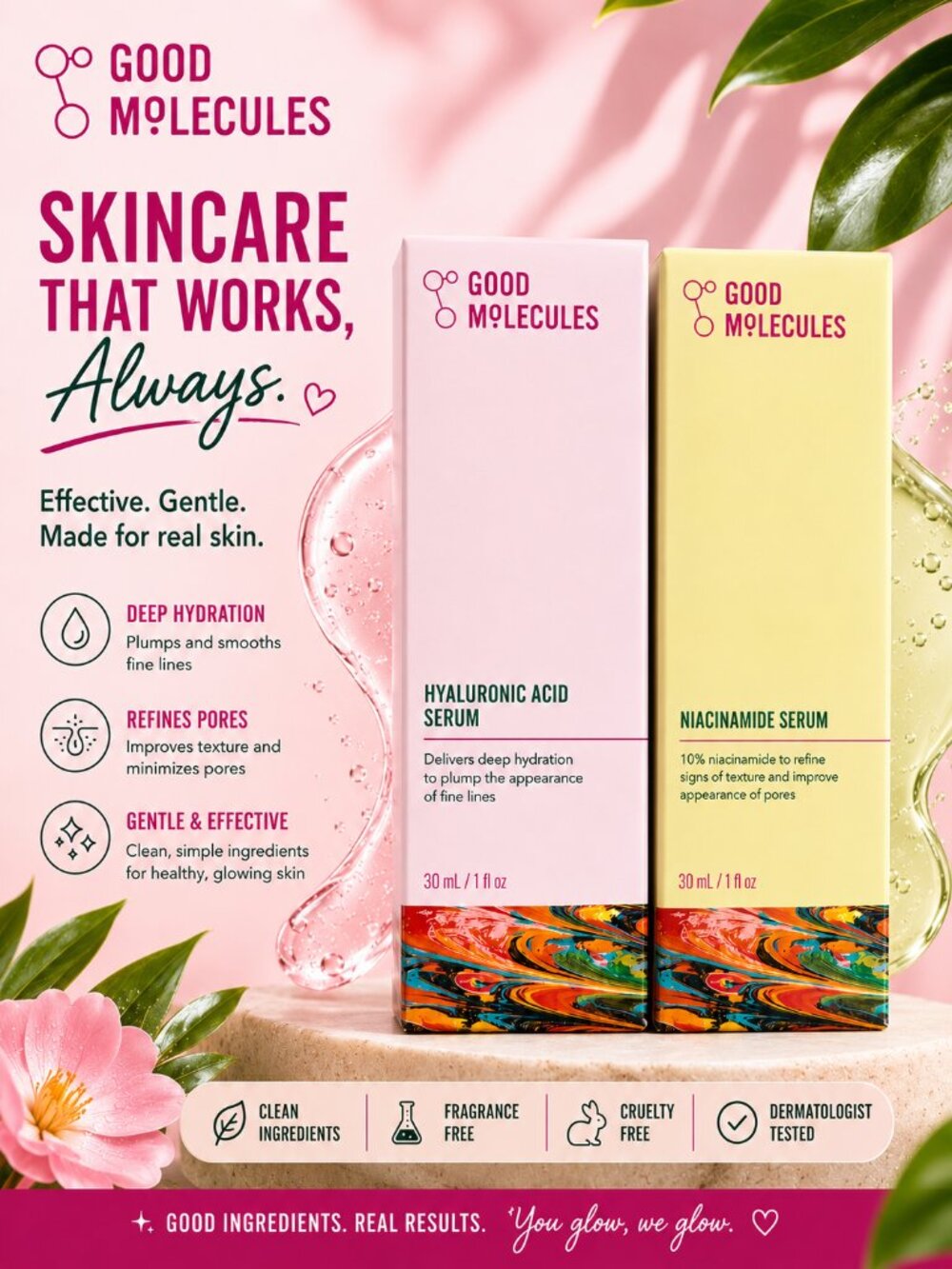 Good Molecules Skincare Bundle Hyaluronic Acid + Niacinamide Serum 30ml New